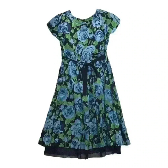 Free People Size 2 Floral Silk Fit & Flare Dress Mesh Lined V-Neck Short Sleeves - Picture 2 of 4